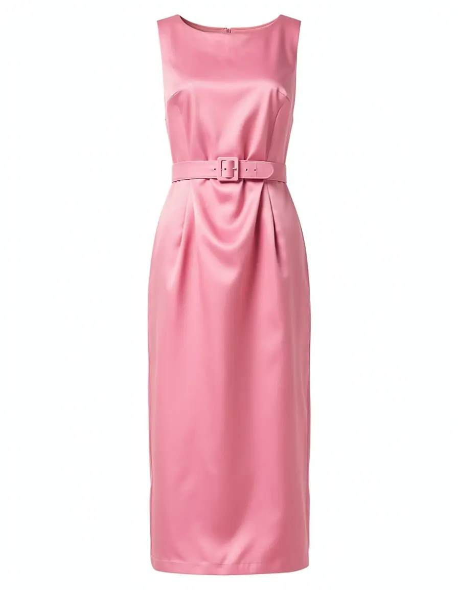 Pink Satin Sheath Dress with Belt