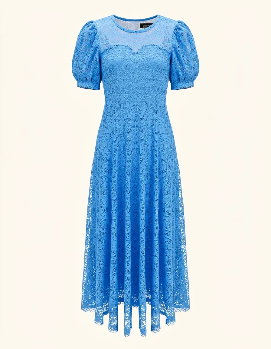 Blue Lace Girl Dress mit Puffärmeln