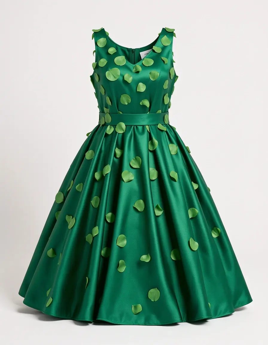 Green Satin Girl Dress mit Blüten