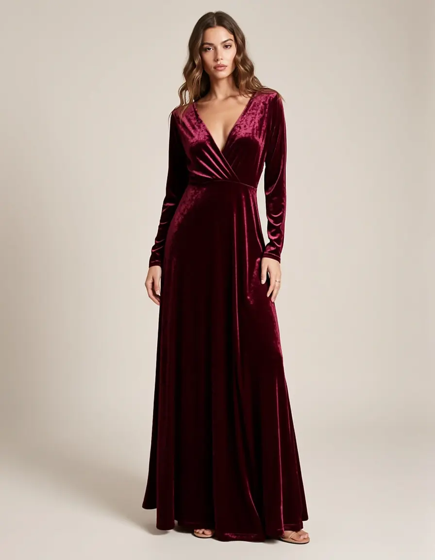 Burgunderrotes Samt-Maxikleid mit V-Ausschnitt