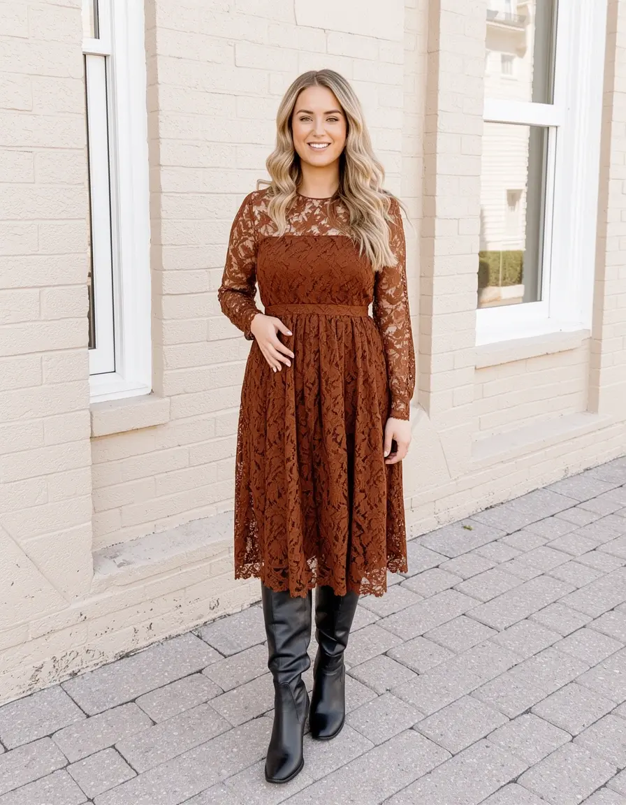 Braunes Spitzenkleid kombiniert mit Boots