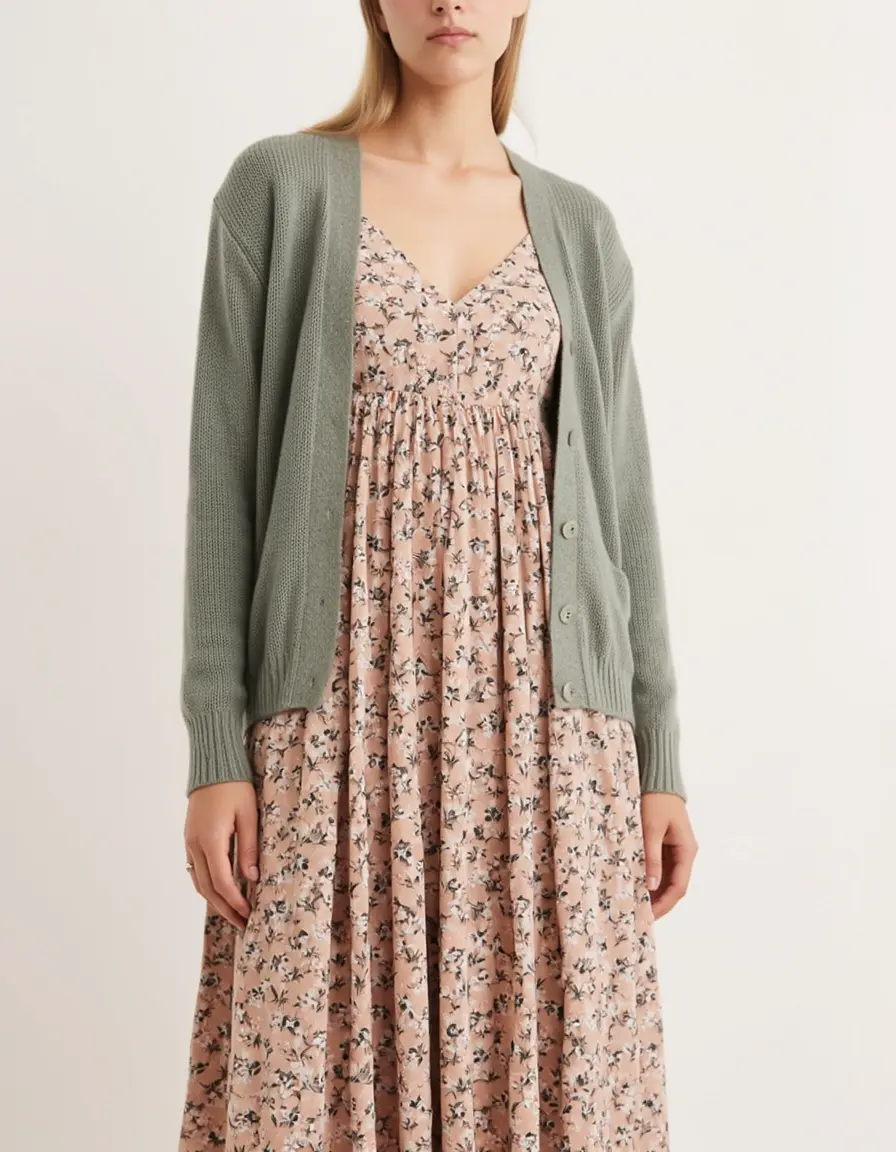 Florales Herbstkleid kombiniert mit einem Cardigan