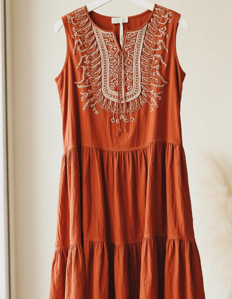 Rostrotes Boho-Kleid mit Stickereien