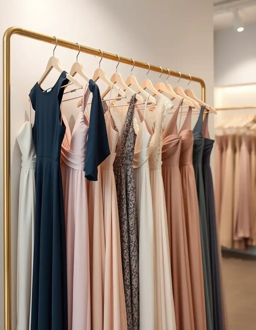 Elegante Auswahl an Kleid Hochzeitsgast Optionen in einer modernen Boutique