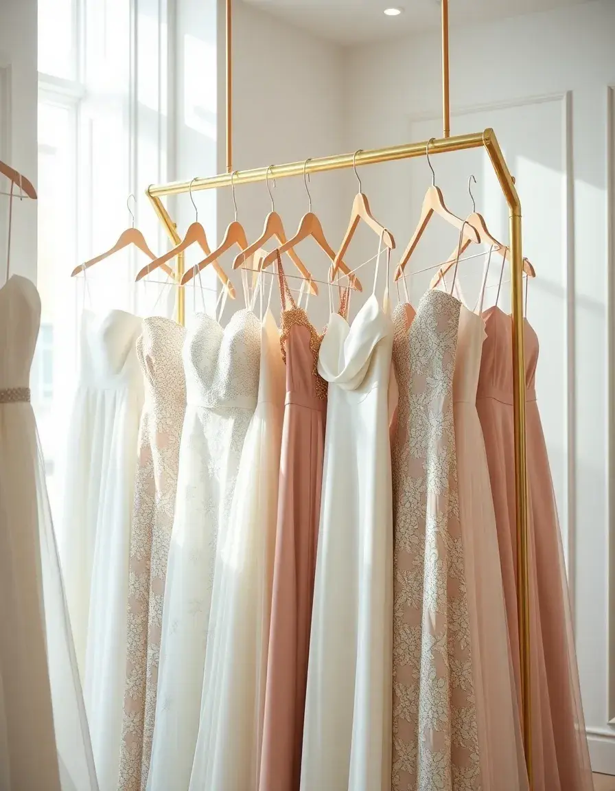 Elegante Auswahl an Kleidern für Hochzeitsgäste in einer hellen Boutique.