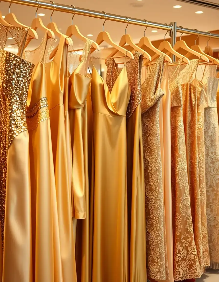 Elegante goldene Kleider in verschiedenen Texturen wie Pailletten und Seide in einer Boutique