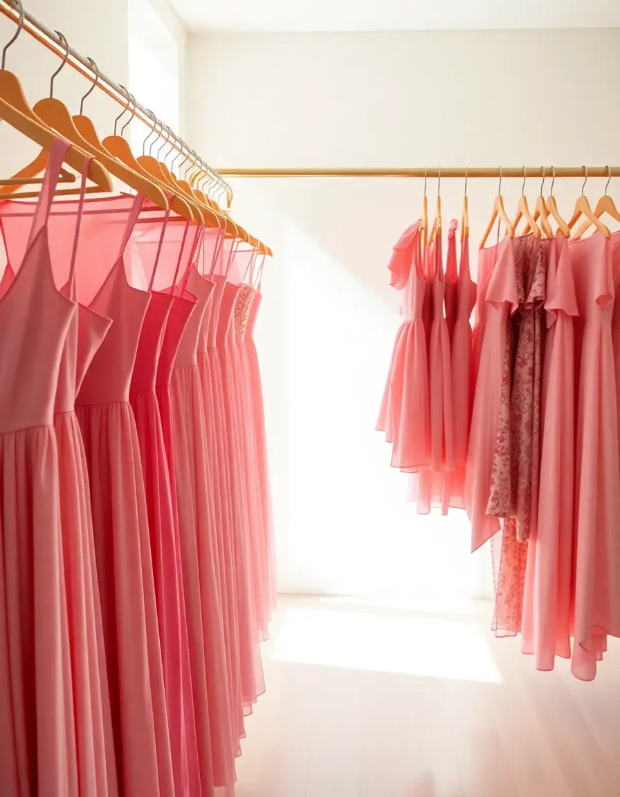 Verschiedene rosa und pinke Kleider hängen an einer eleganten goldenen Kleiderstange in einer hellen Boutique.
