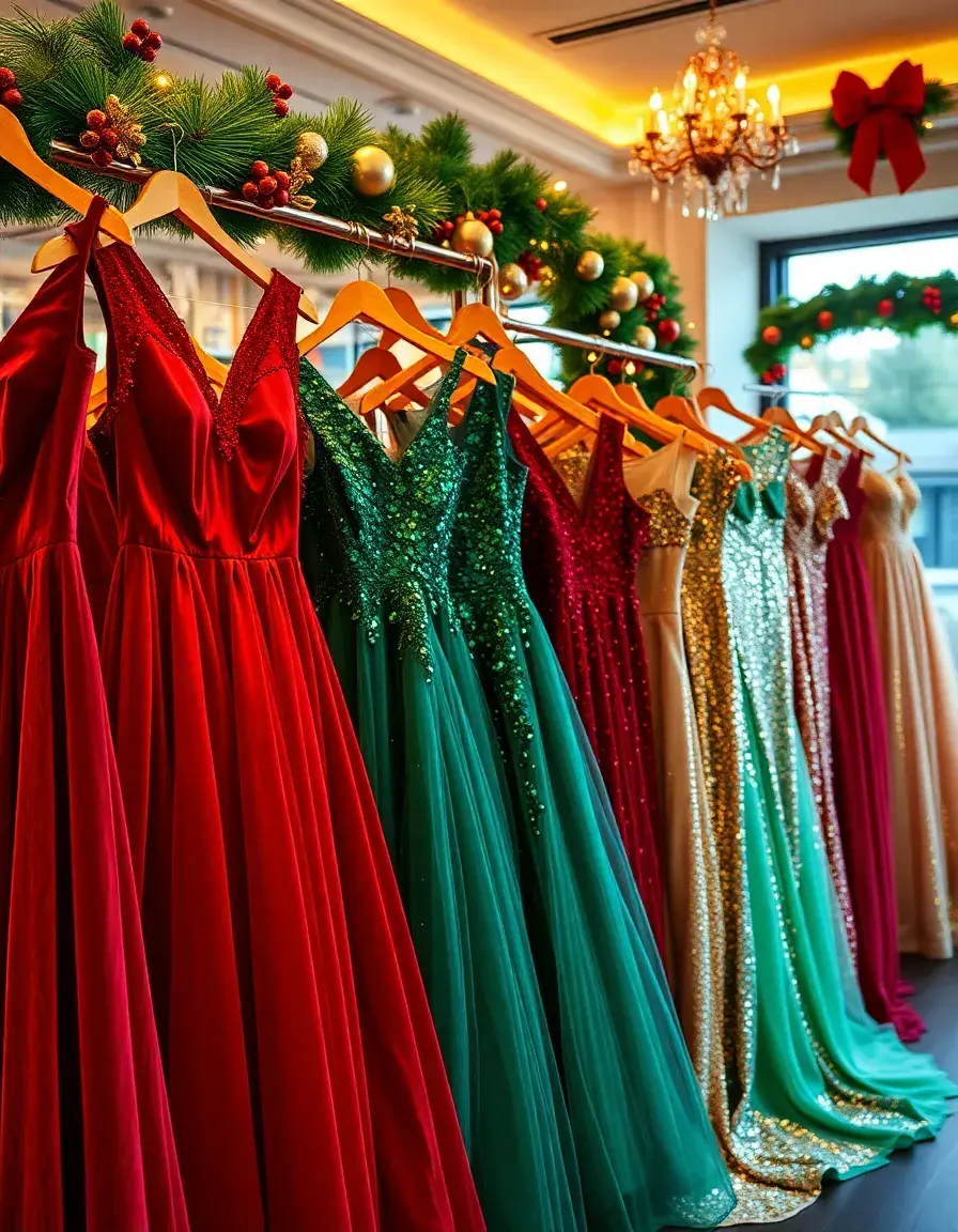 Festliche Kleider für Weihnachten in einer eleganten Boutique mit Weihnachtsdekoration