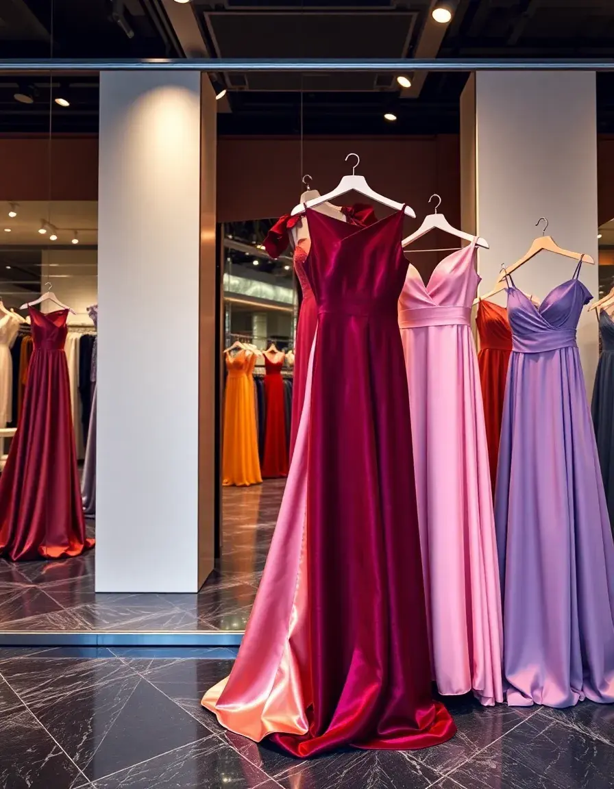 Elegante lange festliche Kleider in verschiedenen Stoffen und Farben in einer luxuriösen Boutique.