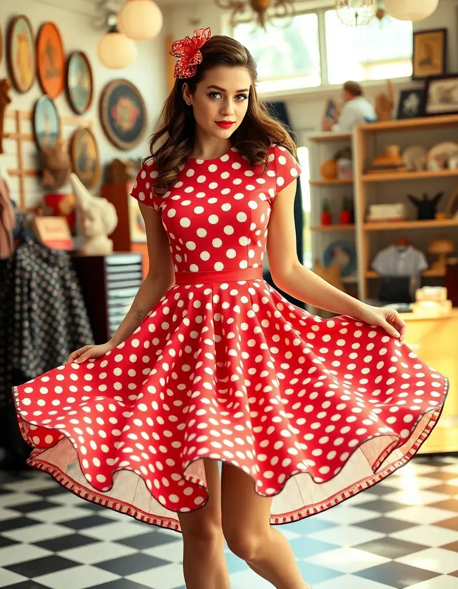 Frau im 50er Jahre Polka Dot Petticoat Kleid beim Tanzen in einer Vintage Boutique.