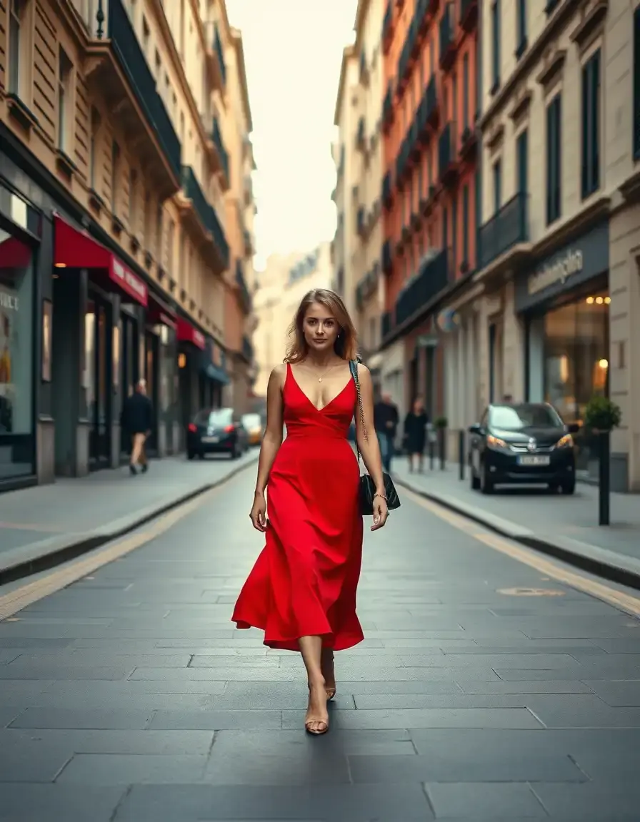Frau in einem eleganten roten Kleid auf einer sonnigen Straße