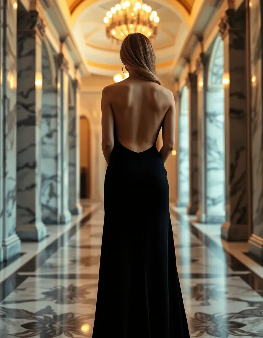 Elegante Frau in einem schwarzen rückenfreien Maxikleid in einer luxuriösen Halle