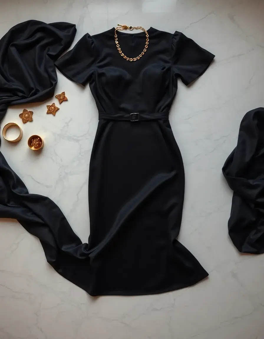 Ein schwarzes Kleid elegant flach liegend mit goldenen Accessoires auf Marmor