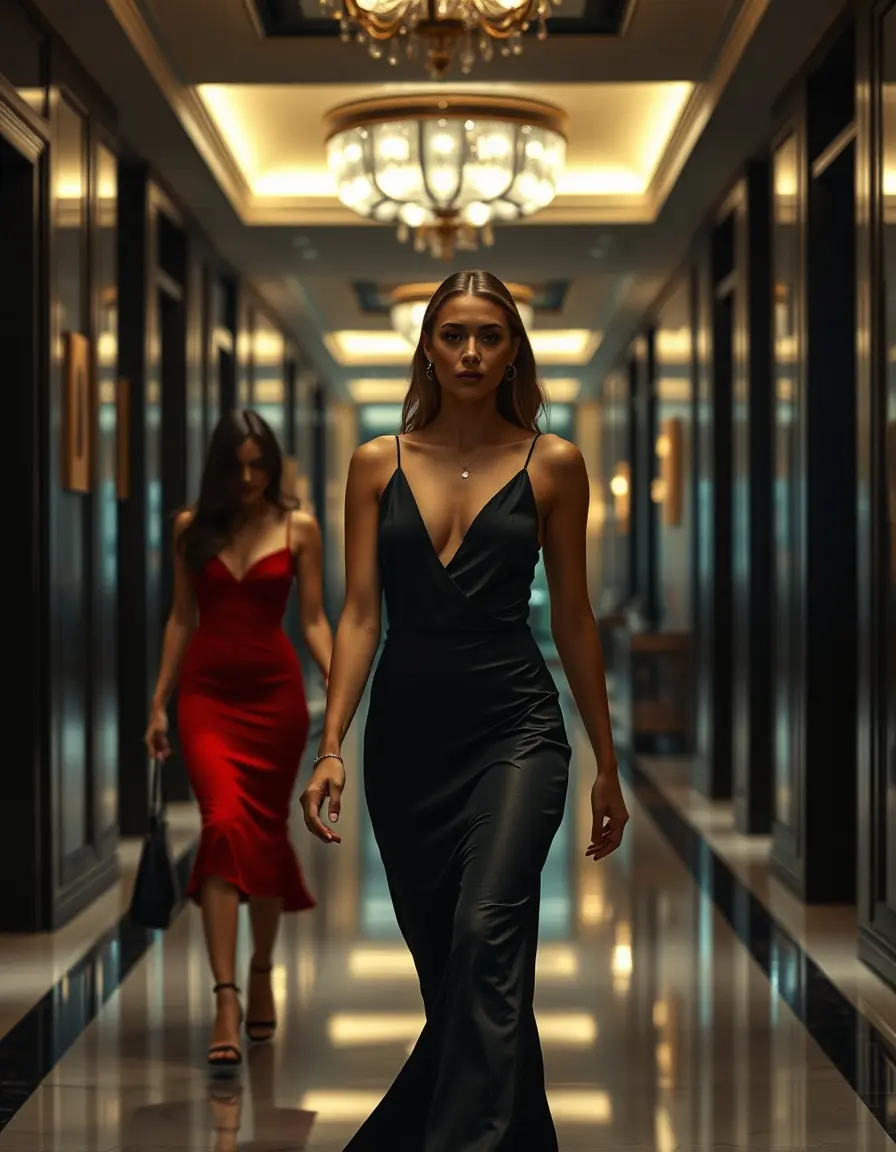Zwei elegante Frauen in einem schwarzen Slip Dress und einem roten Bodycon Kleid in einer Hotel-Lobby