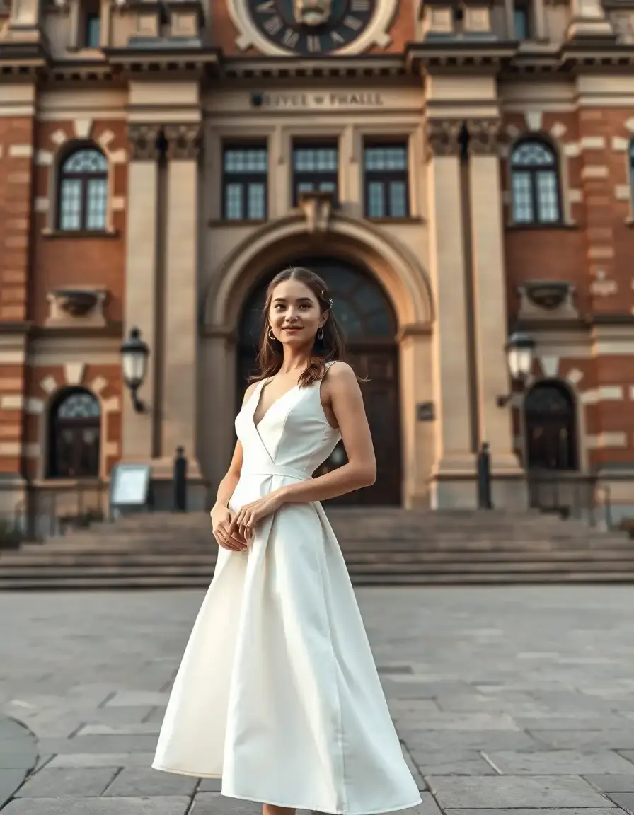 Elegante Braut in einem weißen Standesamt Kleid vor einem historischen Gebäude