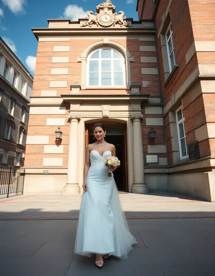 Elegante Frau in einem elfenbeinfarbenen Standesamt Kleid vor einem historischen Rathaus.