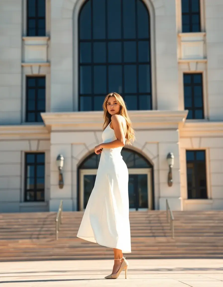 Elegante Frau in einem weißen Standesamt-Kleid vor einem modernen Gebäude