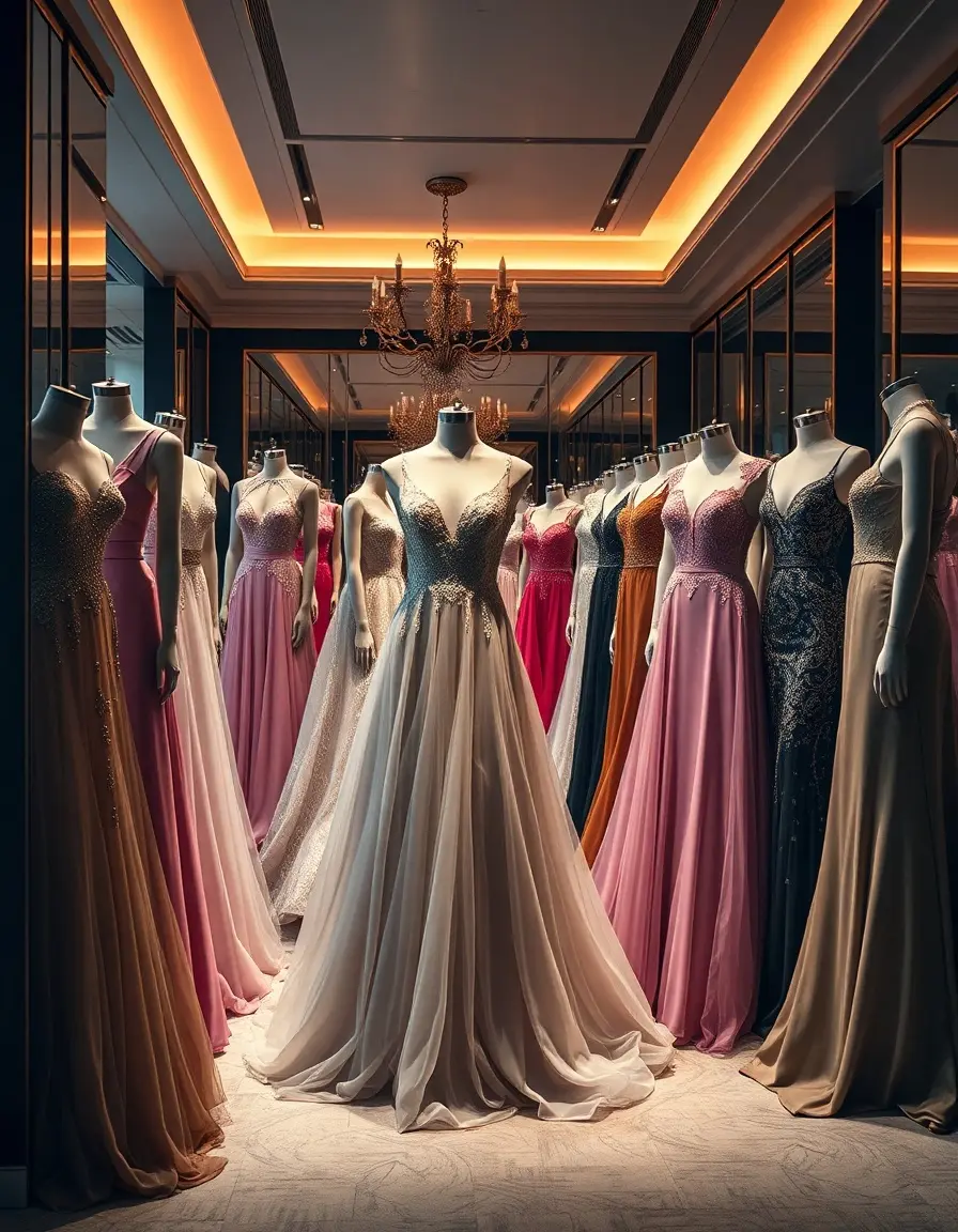 Elegante Abiball Kleider in verschiedenen Stilen in einer luxuriösen Boutique präsentiert.