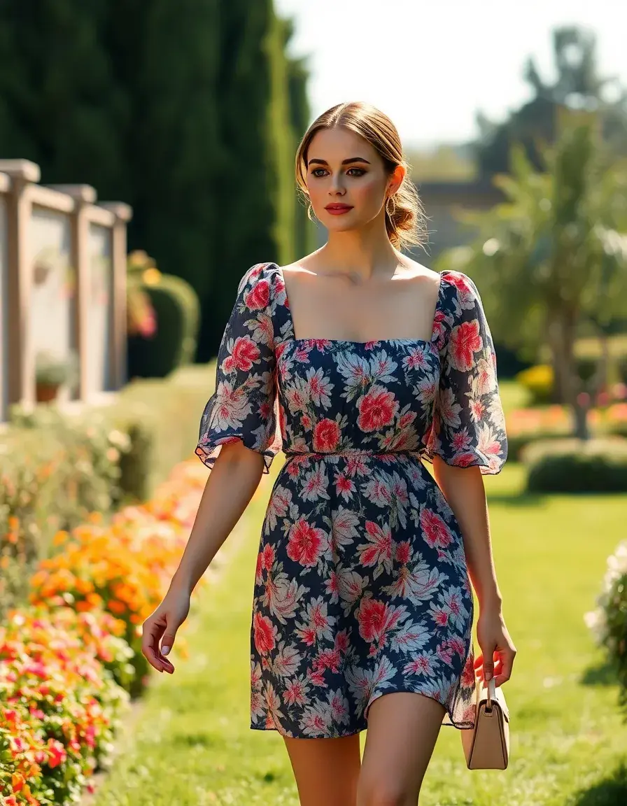 Frau im floralen Babydoll Kleid mit Puffärmeln in einem sonnigen Garten