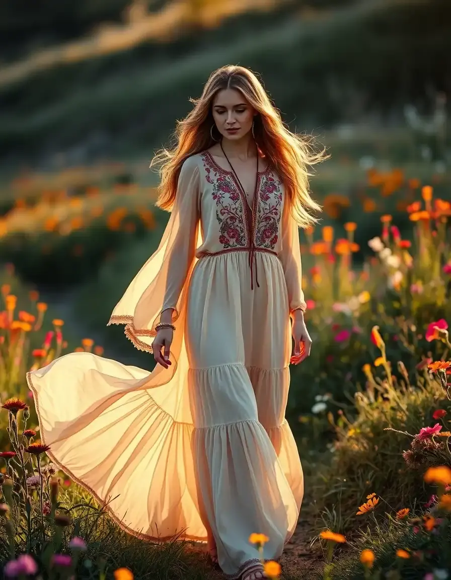 Frau in einem fließenden Boho-Kleid auf einer Blumenwiese bei Sonnenuntergang
