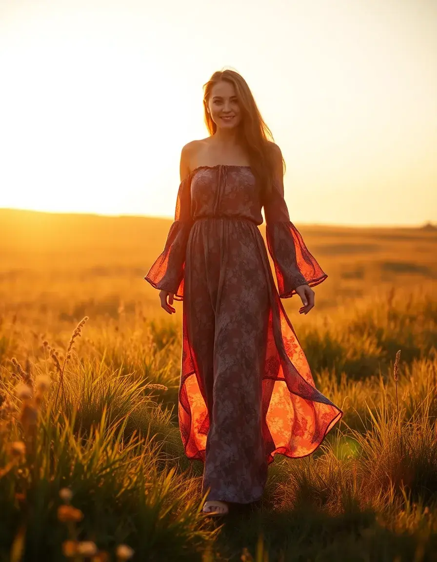 Frau in einem fließenden floralen Bohemian Maxi Kleid auf einer sonnigen Wiese.