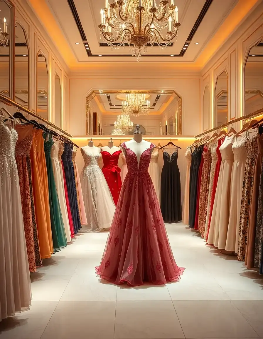 Elegante Damen Kleider festlich in einer Boutique ausgestellt