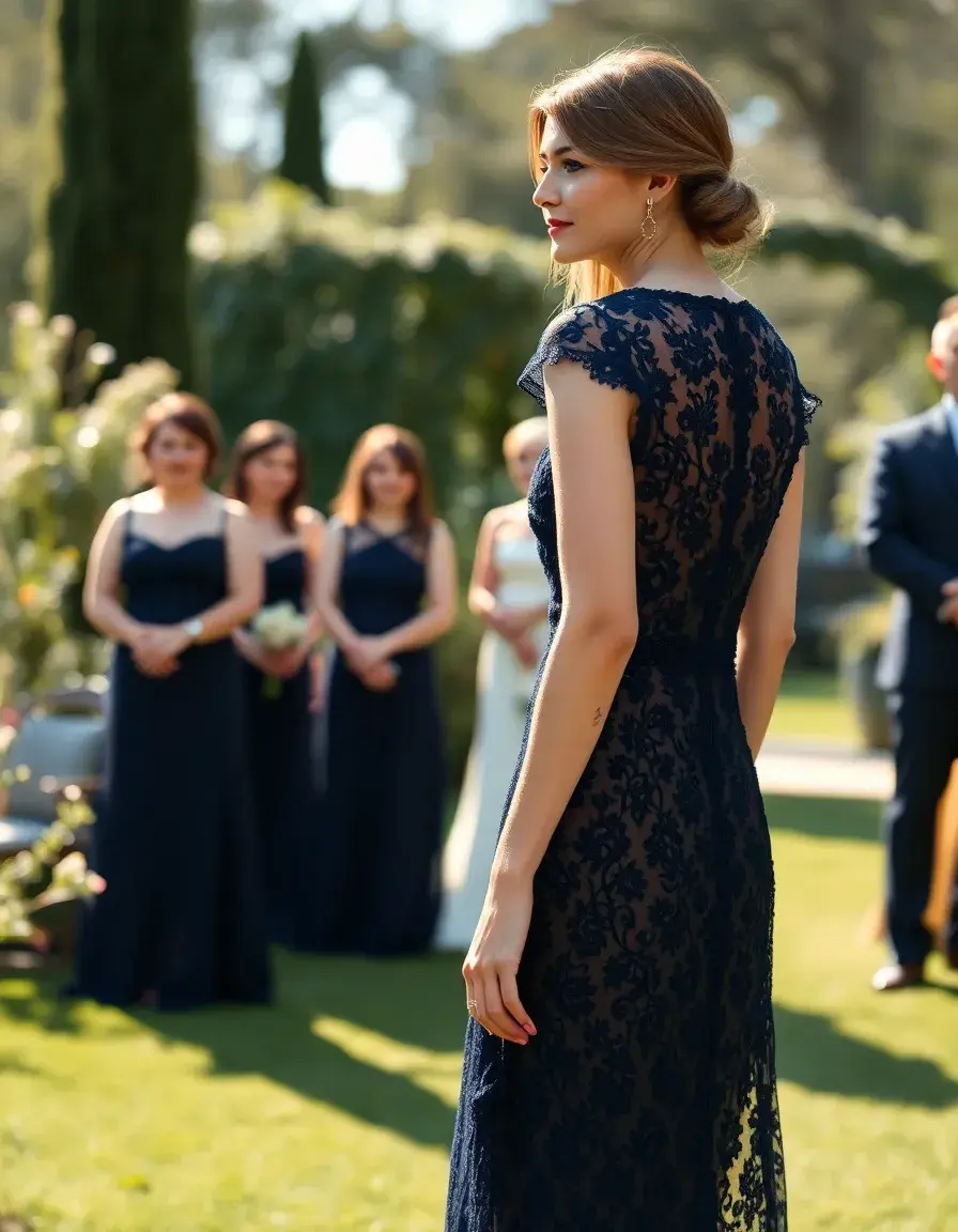 Frau in einem eleganten dunkelblauen Spitzenkleid bei einer Hochzeit im Freien