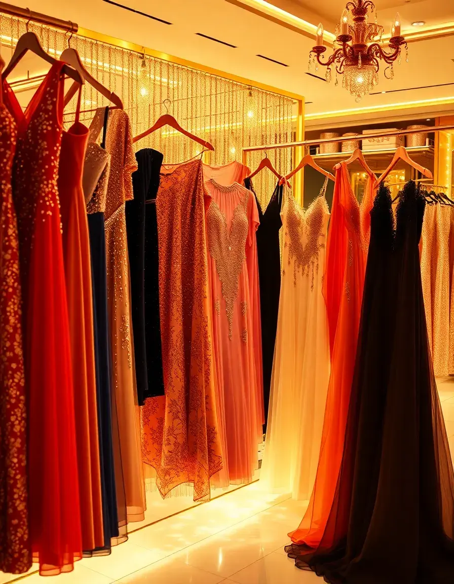 Elegante festliche Kleider in einer Boutique mit goldener Beleuchtung