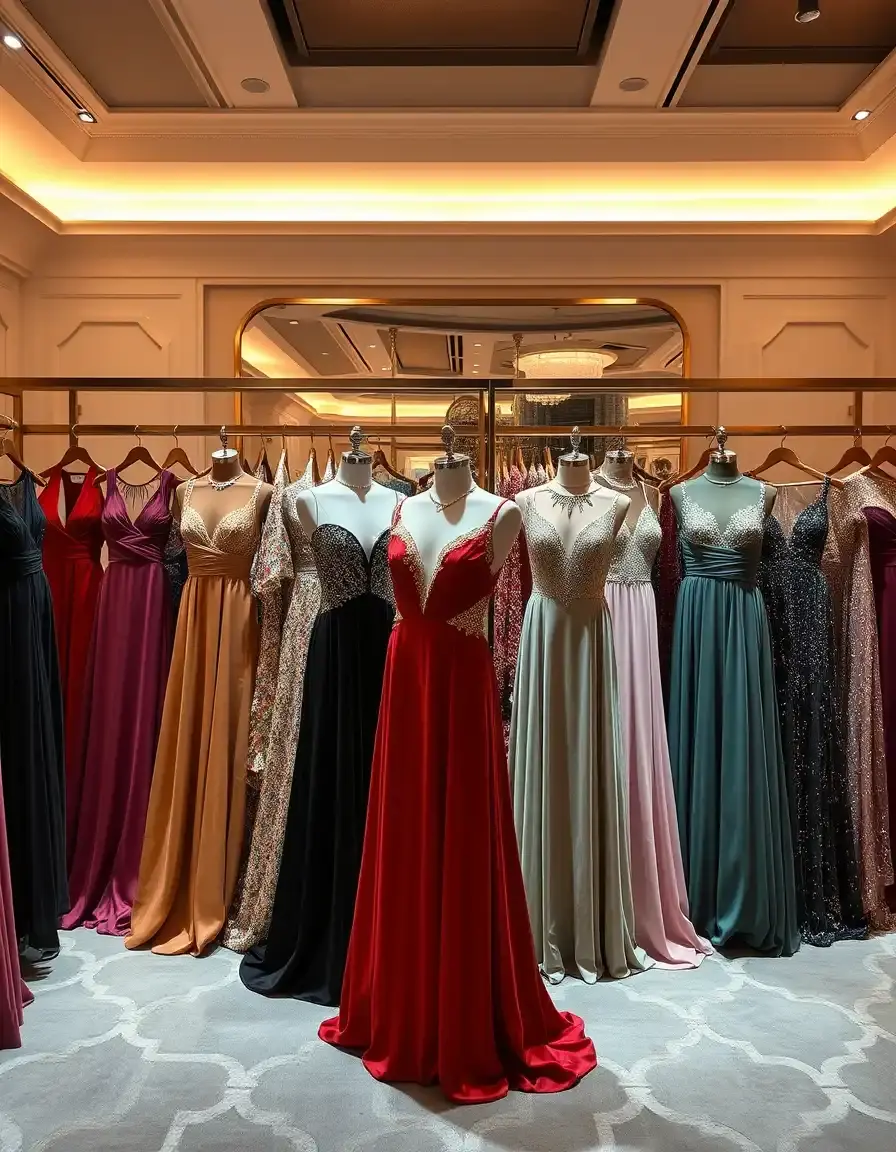 Elegante festliche Kleider lang in verschiedenen Farben und Stoffen für Abendveranstaltungen.