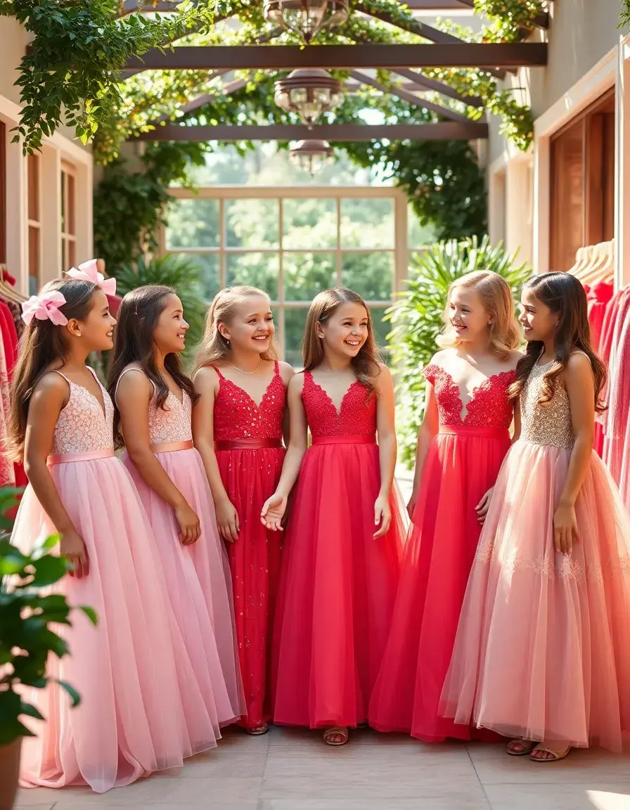 Eine Gruppe Mädchen in eleganten festlichen Kleidern aus Samt und Tüll