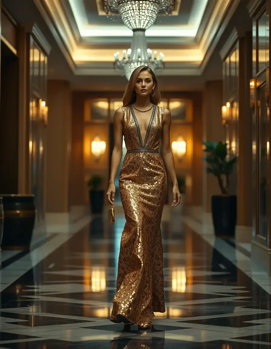 Frau in einem funkelnden goldenen Paillettenkleid in einer luxuriösen Umgebung