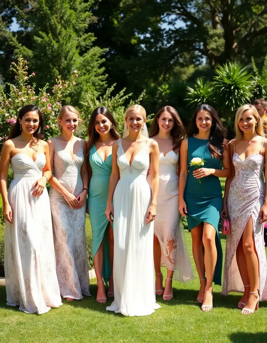 Elegante Frauen in verschiedenen Hochzeitsgast Kleidern in einem sonnigen Garten