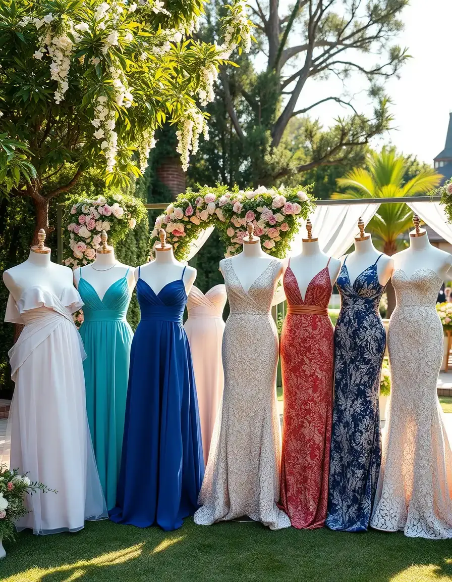 Elegante Auswahl an Hochzeitsgast Kleidern für Damen in einer sommerlichen Gartenkulisse
