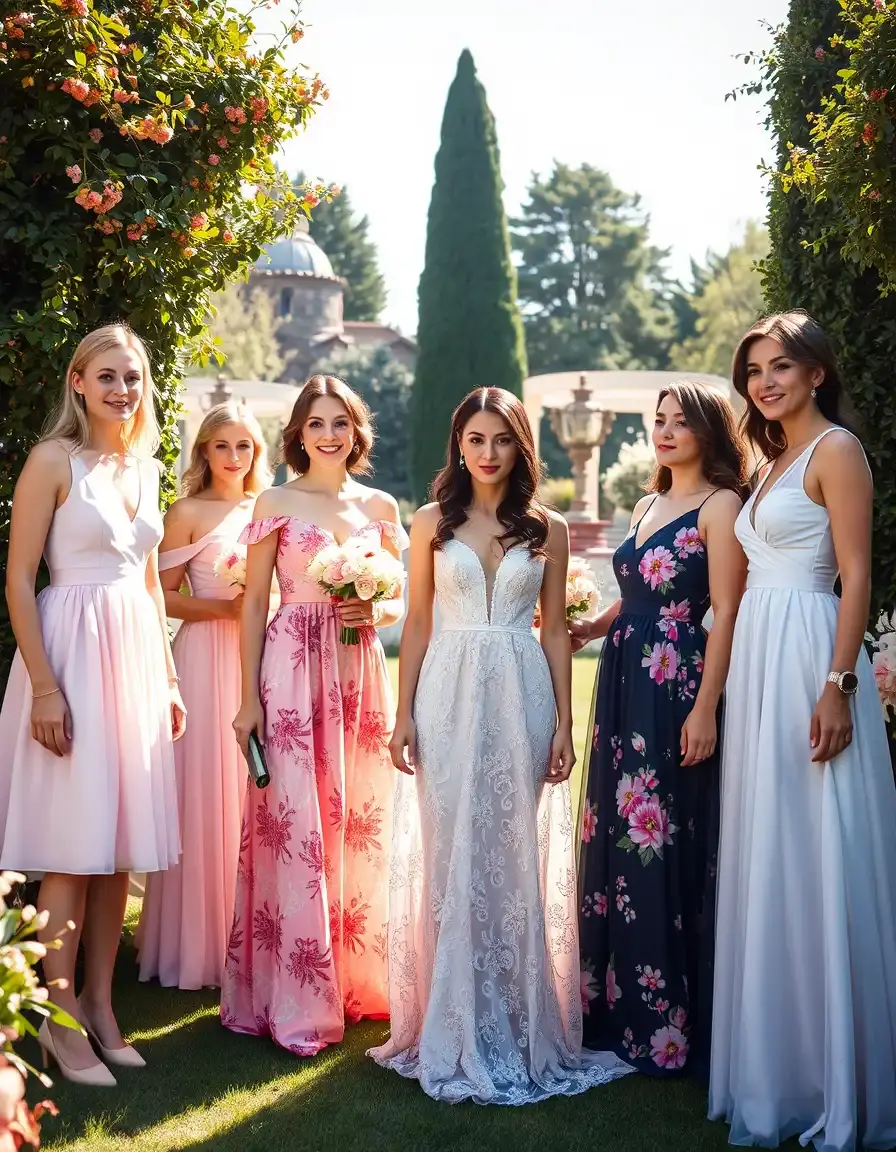 Elegante Frauen in floralen und pastellfarbenen Kleidern bei einer Gartenhochzeit