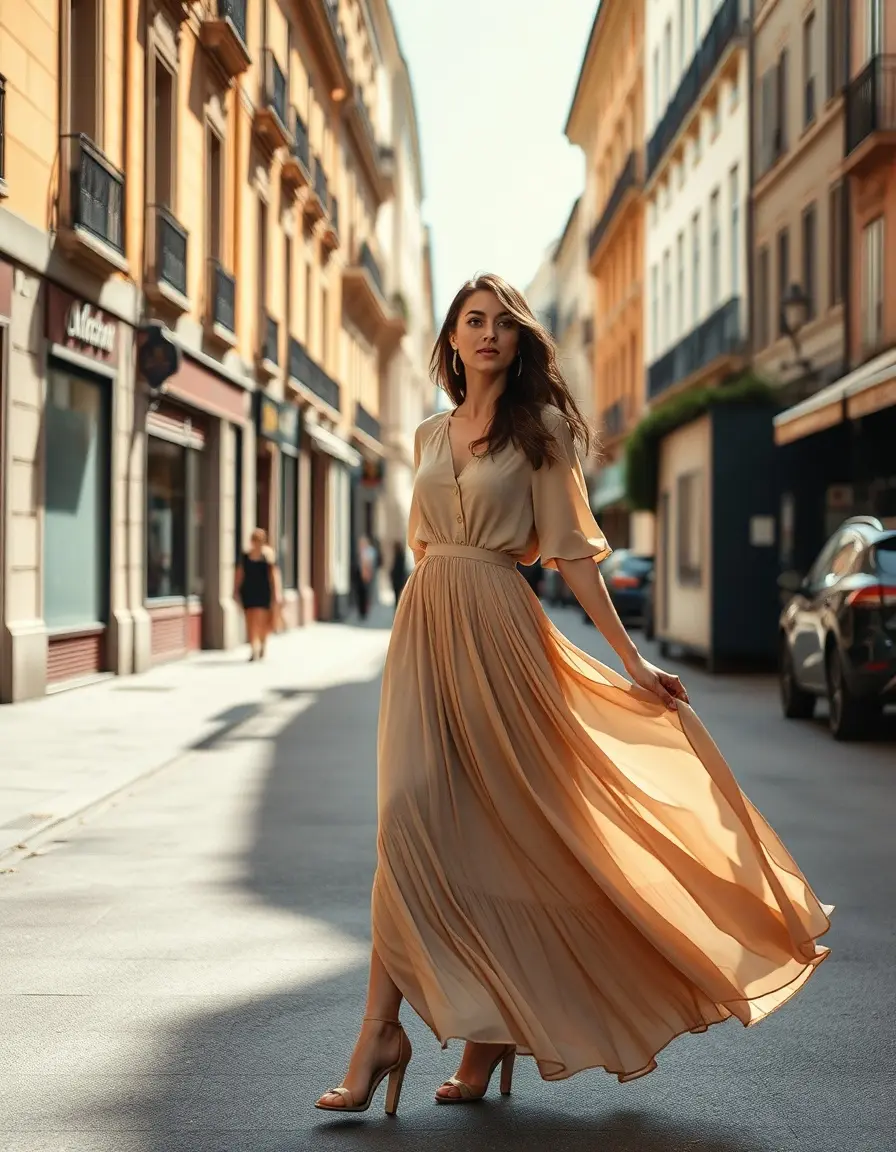 Stilvolle Frau in einem eleganten beige Kleid auf einer sonnigen Straße