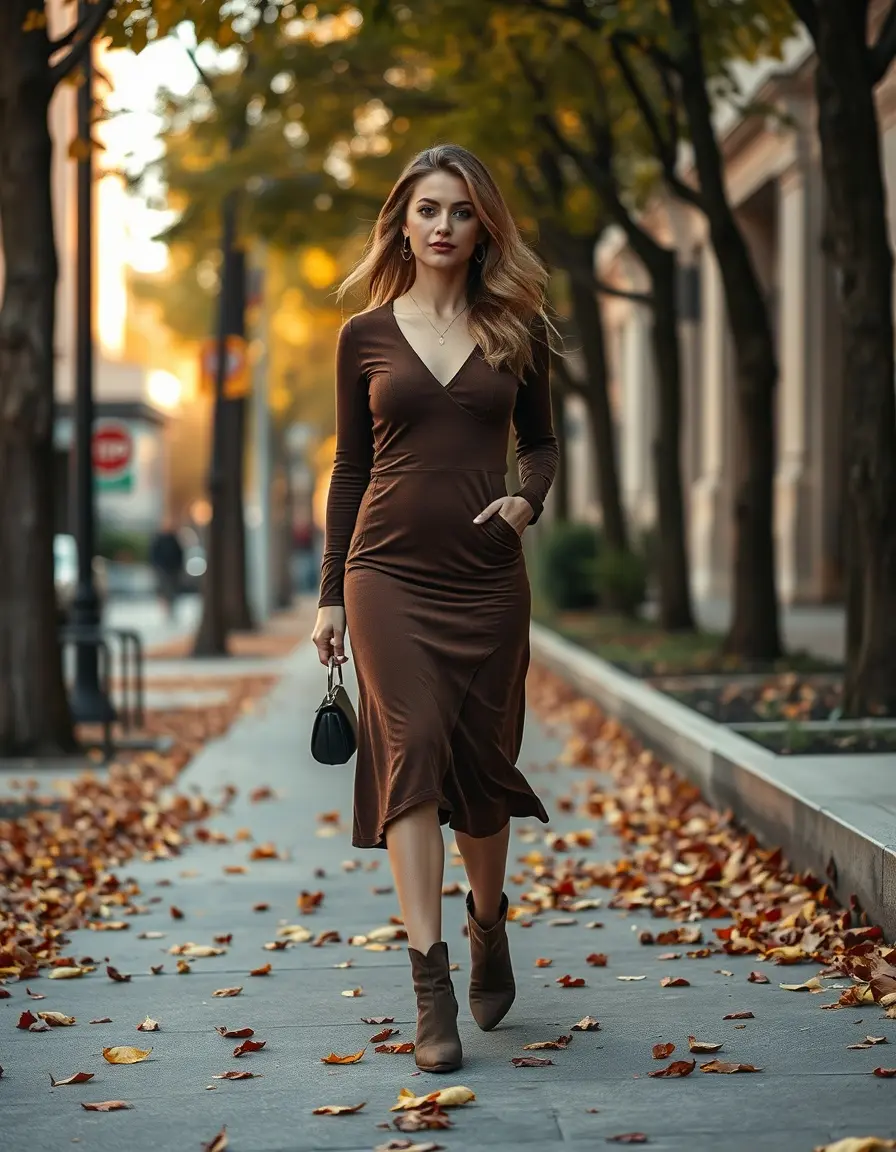 Stilvolle Frau im braunen Kleid kombiniert mit herbstlichen Accessoires