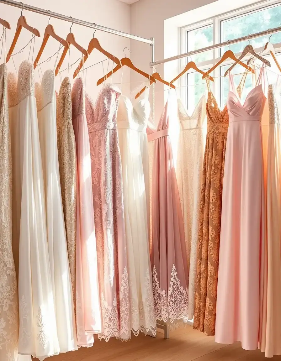 Elegante Auswahl an Kleidern für Hochzeitsgäste in verschiedenen Farben und Stoffen.