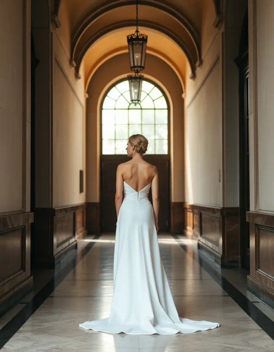 Elegante Braut in einem weißen Midi-Kleid für das Standesamt