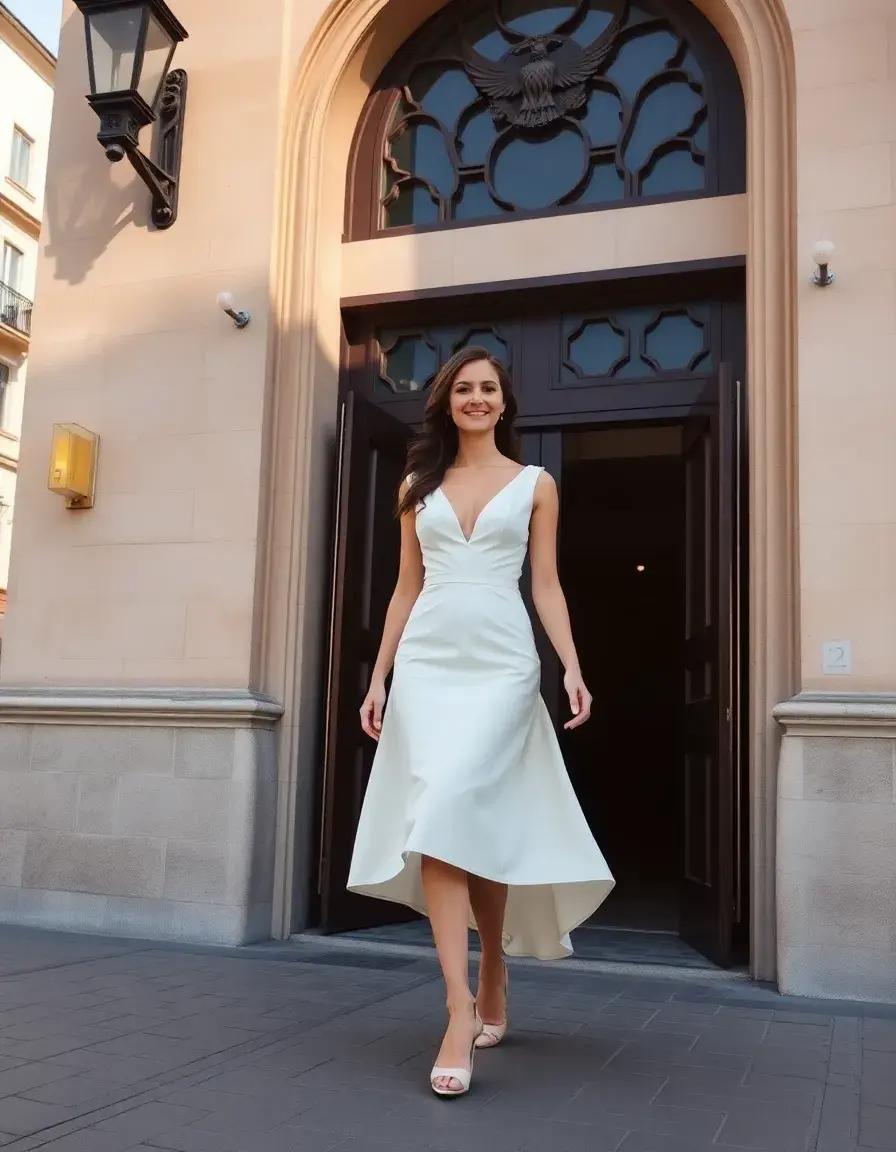 Braut in einem eleganten weißen Kleid fürs Standesamt vor einem historischen Gebäude.