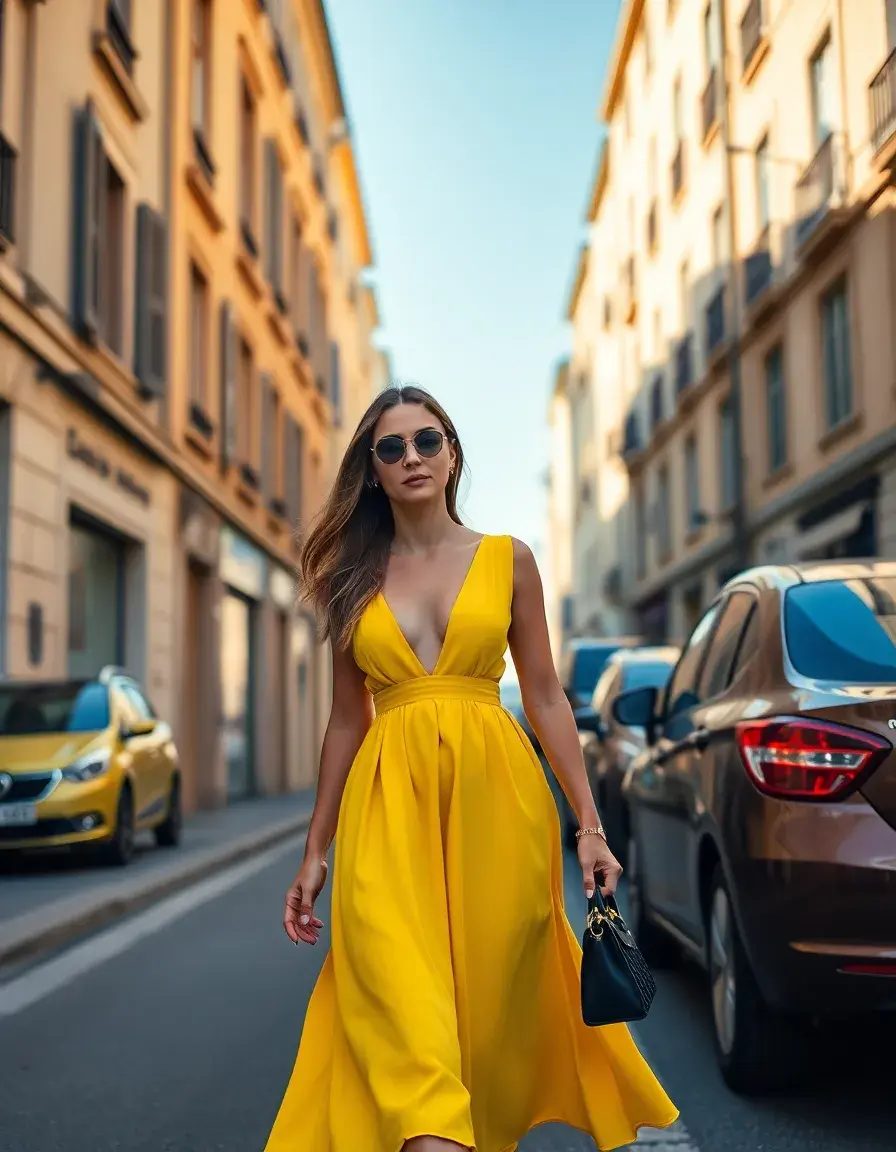 Frau in einem leuchtend gelben Midikleid in einer sonnigen Stadtstraße