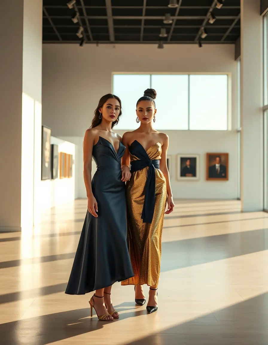Zwei Frauen in einem goldenen Metallic-Kleid und einem dunkelblauen Abendkleid in einer Galerie