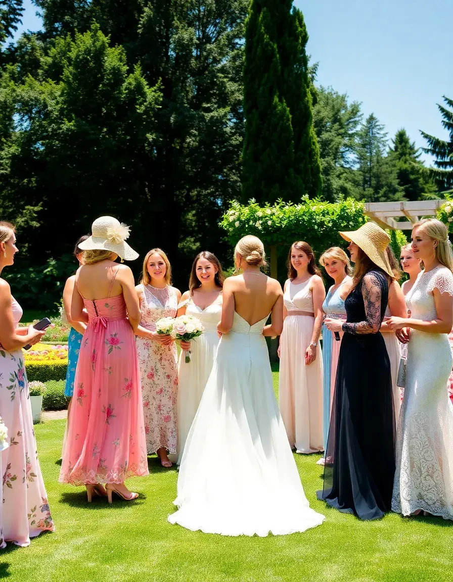 Stilvolle Frauen in bunten Kleidern als Hochzeitsgäste bei einer Gartenhochzeit