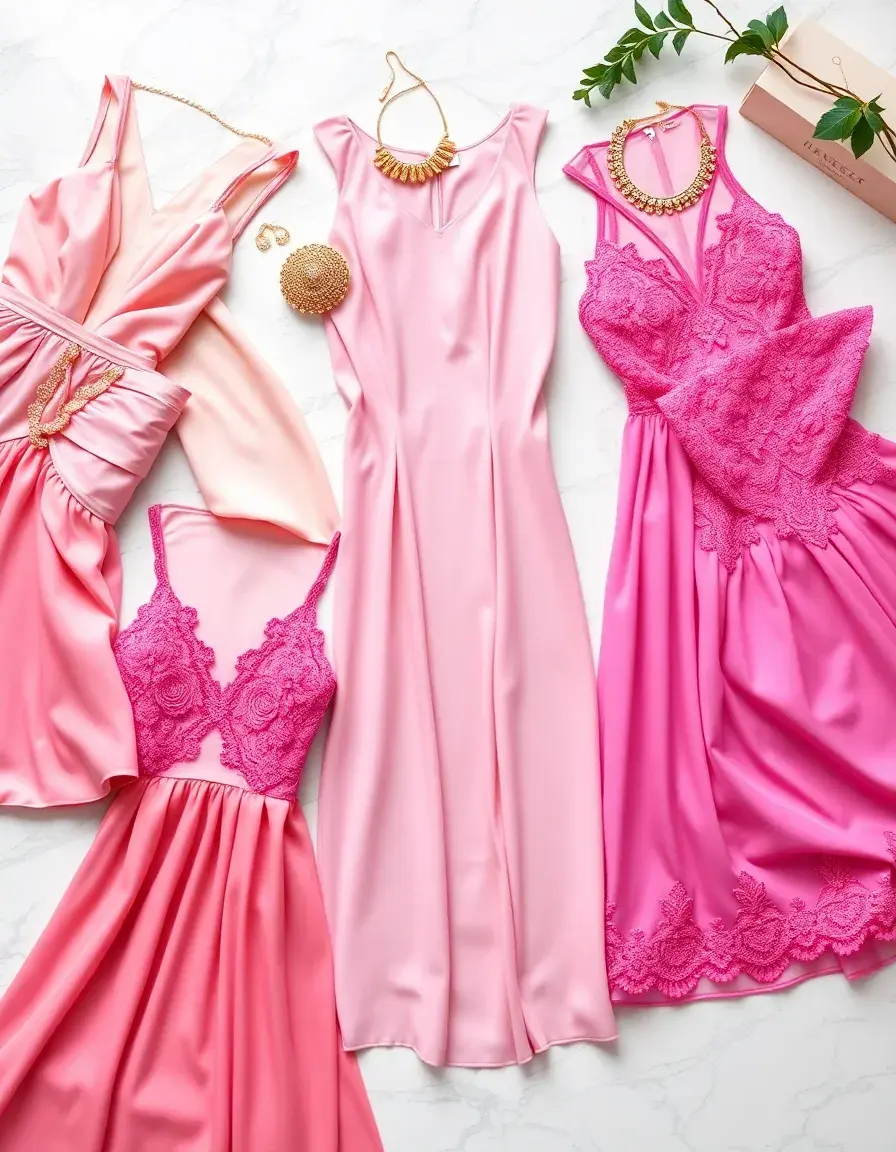 Verschiedene stilvolle rosa Kleider auf Marmorhintergrund mit goldenen Accessoires