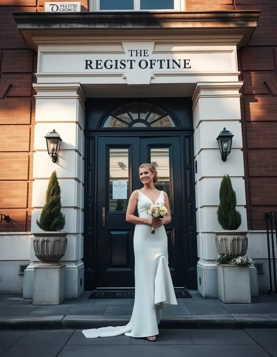 Elegante Braut in einem weißen Standesamt Kleid vor einem modernen Standesamt