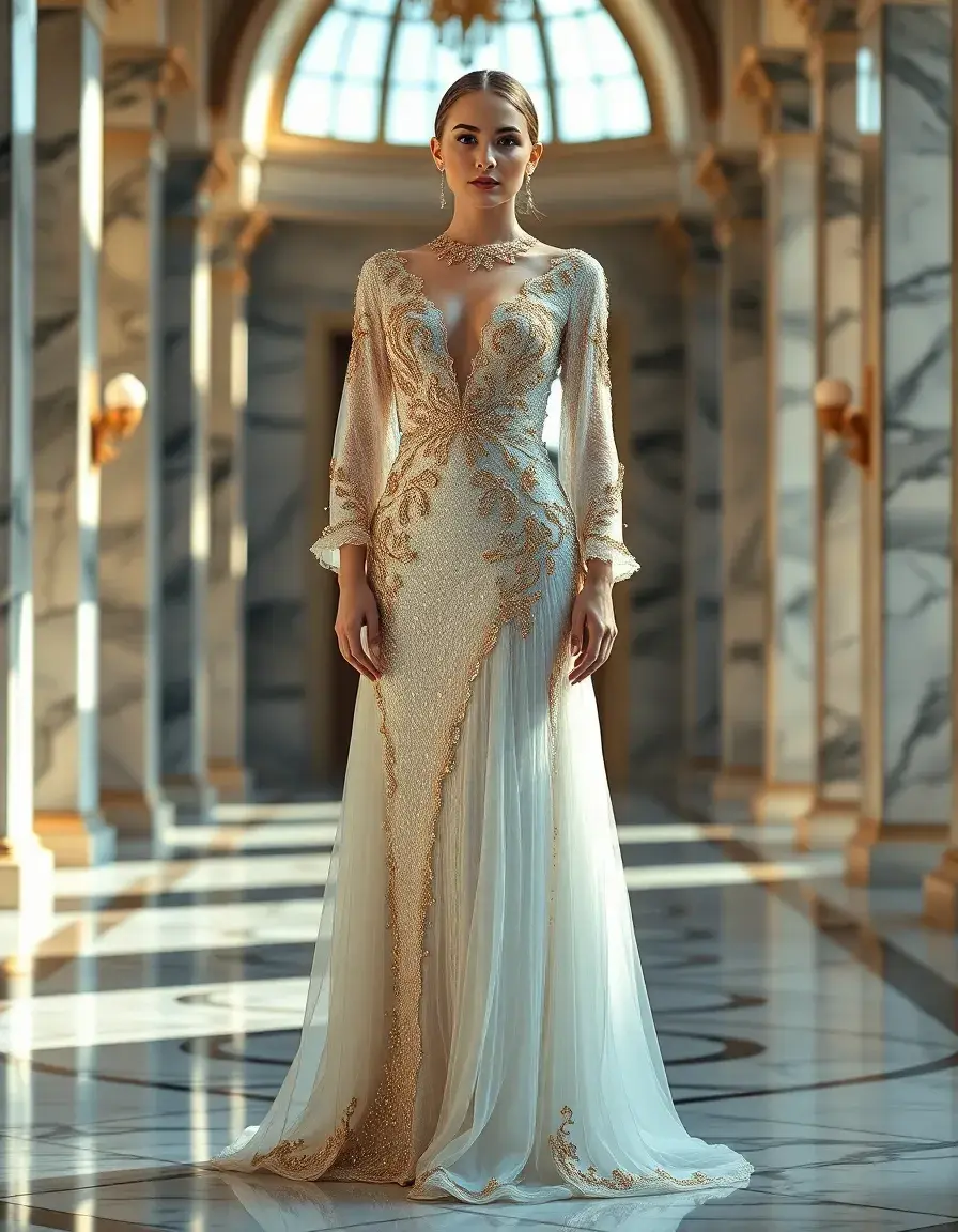 Elegante Frau in einem luxuriösen Kleid weiß gold aus Pailletten