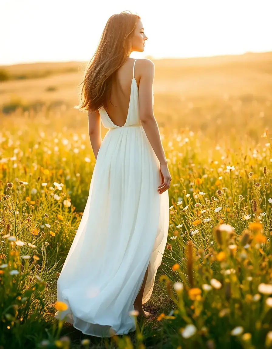 Frau in einem fließenden kleid weiß lang auf einer sonnigen Blumenwiese
