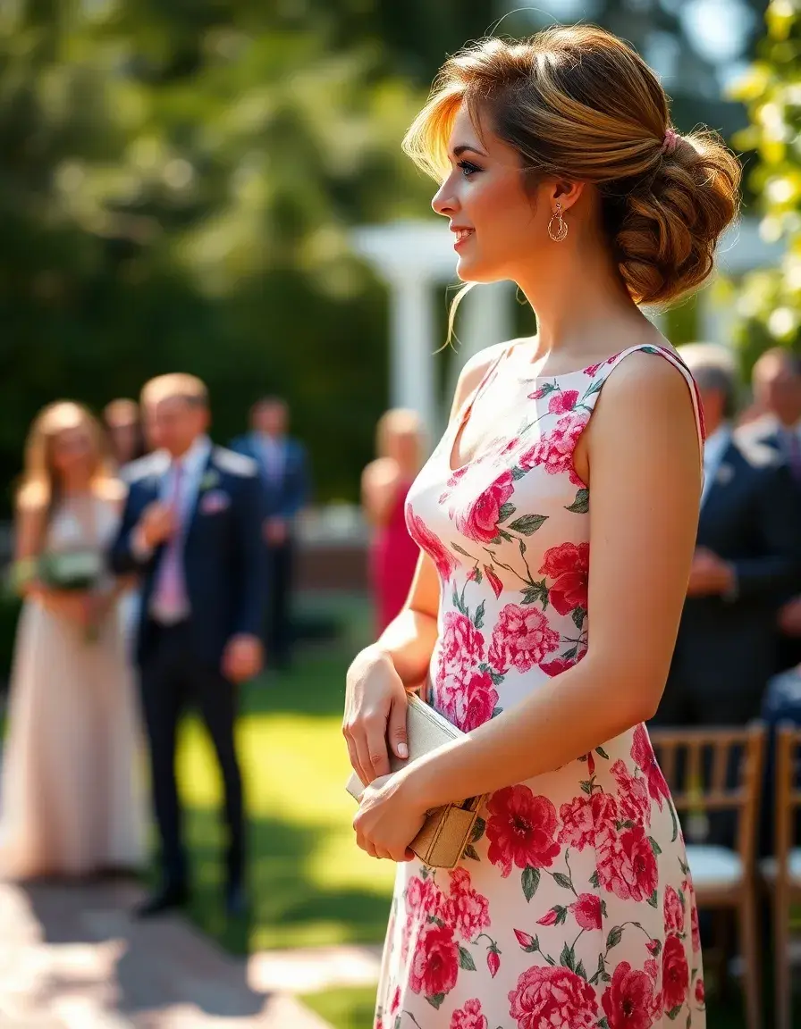 Frau in elegantem floralem Kleid als Hochzeitsgast im Garten
