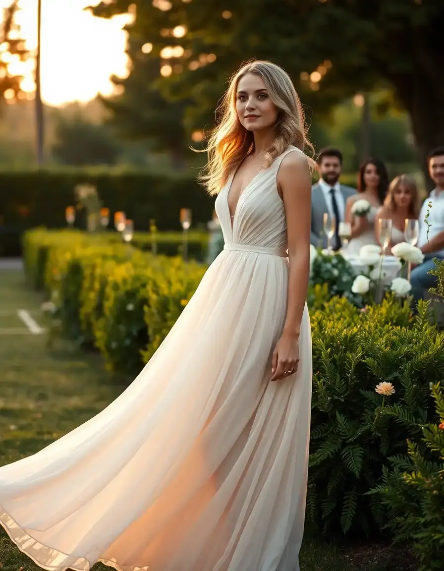 Elegante Frau in einem fließenden Hochzeitsgastkleid bei einer Gartenhochzeit