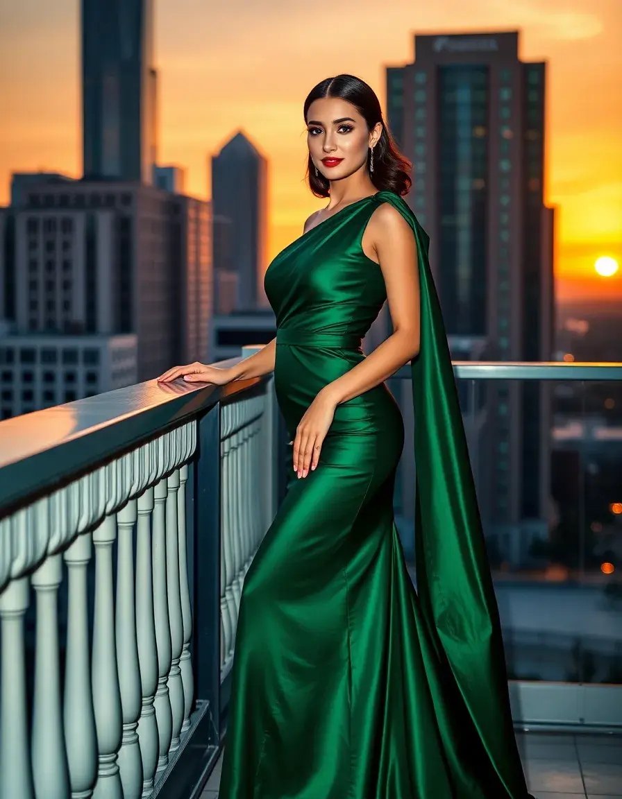 Elegante Frau in einem smaragdgrünen Kleid mit einem Träger auf einem Balkon