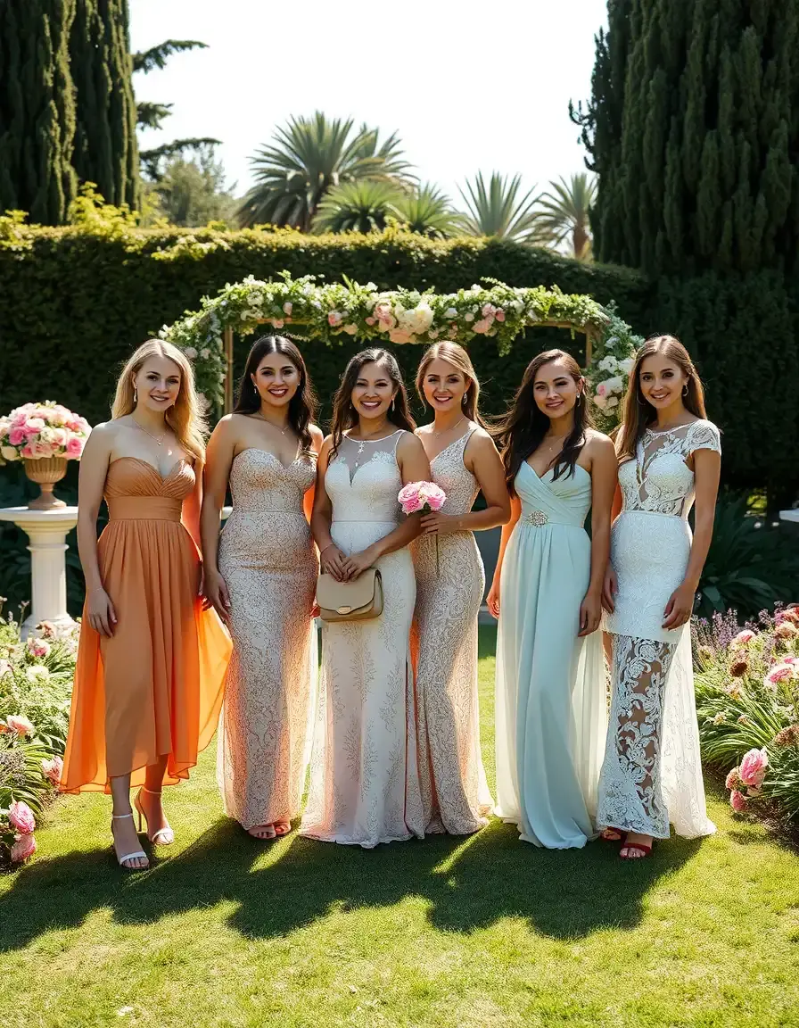 Elegante Frauen in verschiedenen Kleidern zur Hochzeit als Gast in einem Garten.